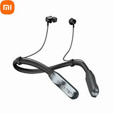 Wireless neckband-style earphones with in-ear buds and a control panel.