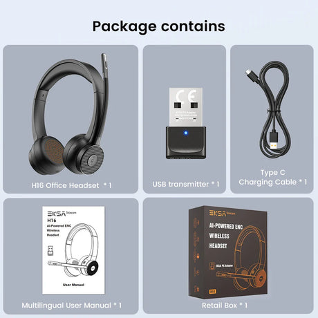 Wireless office headset with accompanying accessories and packaging.