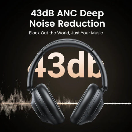 Wireless over-ear headphones with ’43db’ displayed between the ear cups.