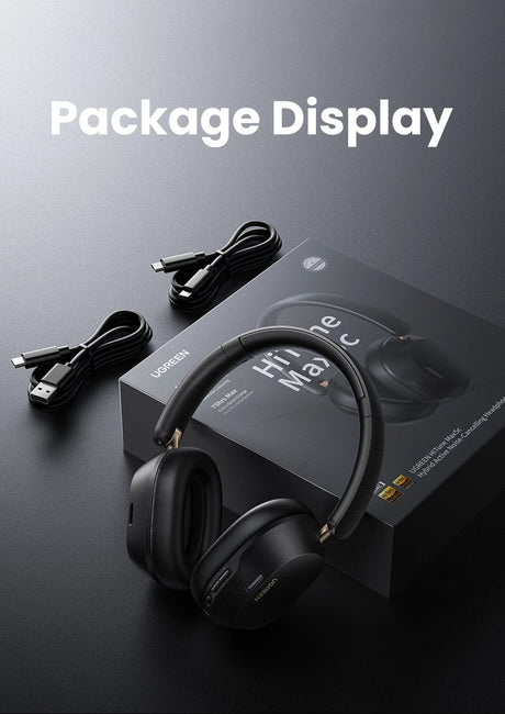 Wireless over-ear headphones with accompanying cables.