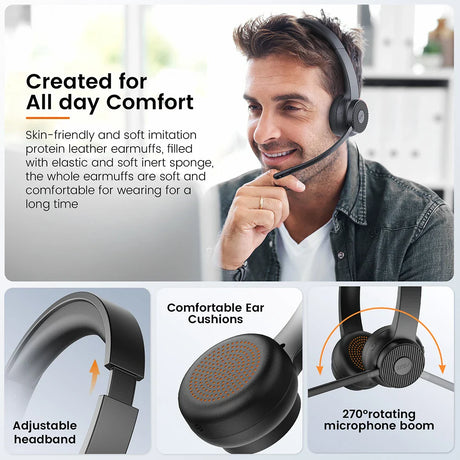 Wireless over-ear headphones with a rotating microphone boom and adjustable headband.