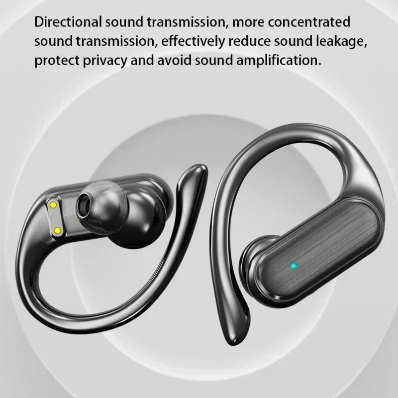 Wireless, over-ear hook earbuds with directional sound transmission.