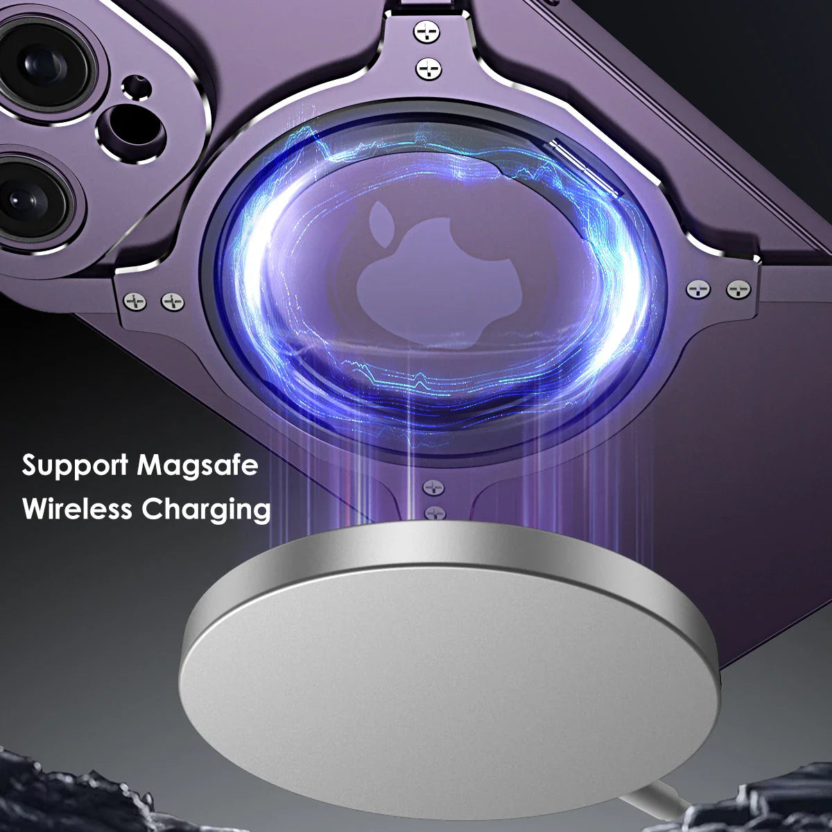 Wireless charging pad with a glowing blue ring and Apple logo, compatible with MagSafe technology.