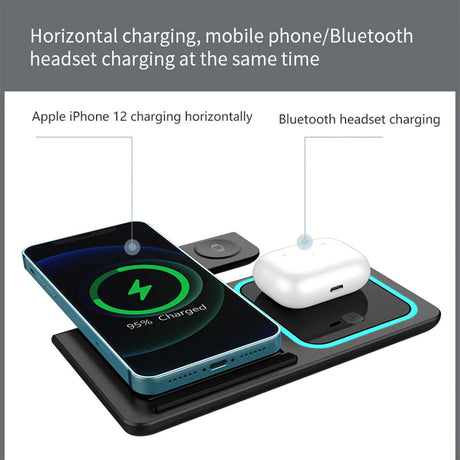 Wireless charging pad capable of simultaneously charging an iPhone 12 and Bluetooth headset.