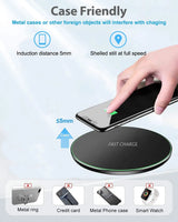 Wireless charging pad for smartphones with case-friendly design.