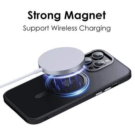 Wireless charging pad with a strong magnet attaching to a smartphone.