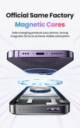 Wireless charging power bank with magnetic attachment for smartphones.