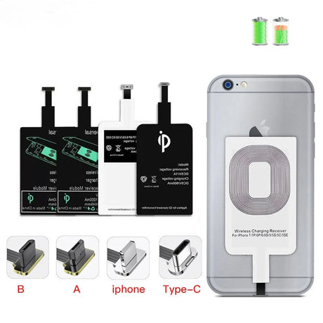 Wireless charging receiver adapter for smartphones with various connector types.