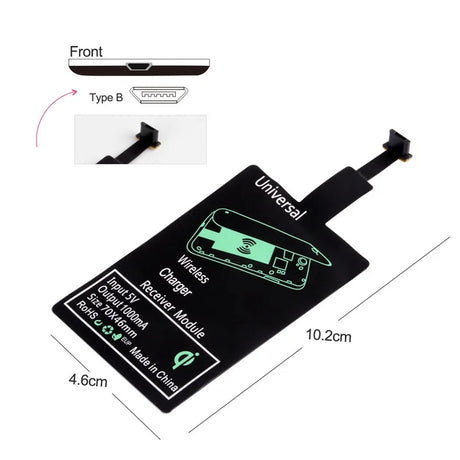 Wireless charging receiver adapter for smartphones with Type B connector.