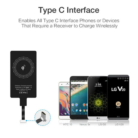 Wireless charging receiver adapter for Type C devices, shown with compatible smartphones.