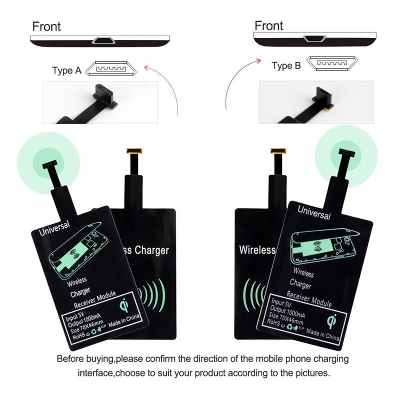 Wireless charging receiver adapters for mobile phones with two different connector types.