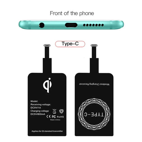 Wireless charging receiver with Type-C connector for smartphones.