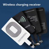 Wireless charging receiver with a white rectangular pad and attached black cable.