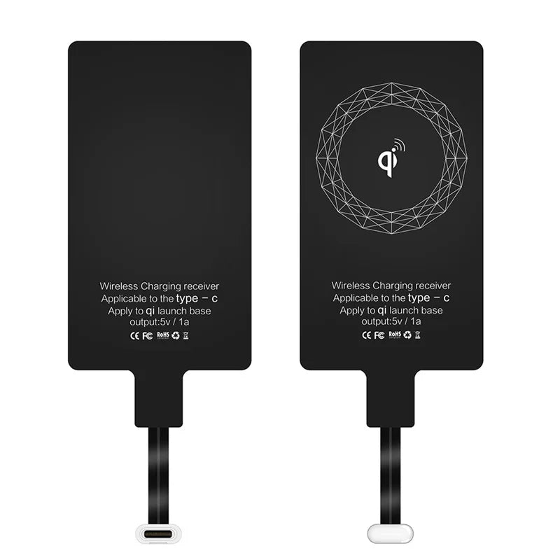 Wireless charging receivers for Type-C devices with circular design elements.