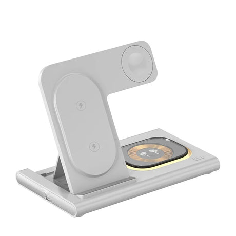 Wireless charging stand with a circular display and an upright arm for holding a device.