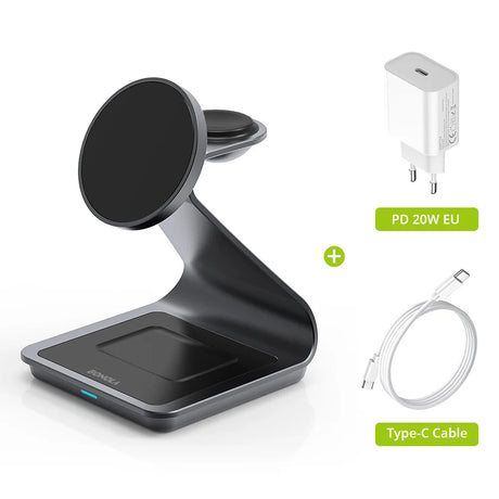 Wireless charging stand with a circular magnetic pad and square base.