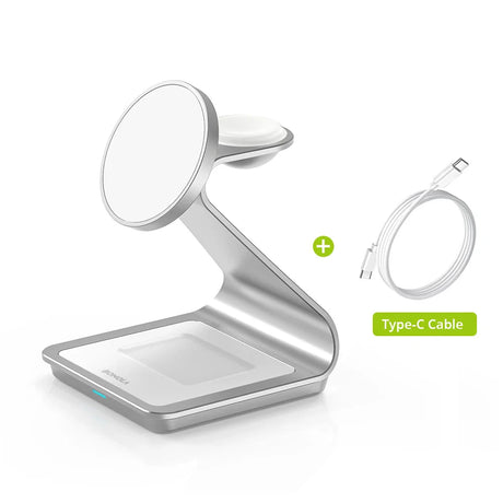 Wireless charging stand with a circular magnetic pad and a flat base for devices.