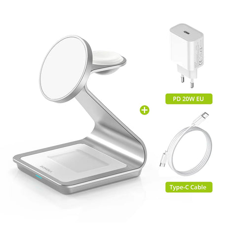 Wireless charging stand with a circular magnetic pad and square base for smartphones.