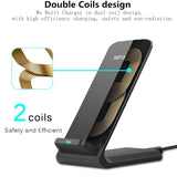 Wireless charging stand with dual coil design for efficient and safe charging.