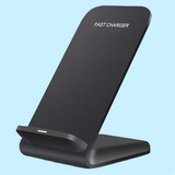 Wireless charging stand with ’FAST CHARGER’ text visible on its surface.