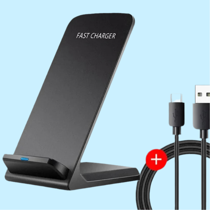 Wireless charging stand with ’FAST CHARGER’ text and an included USB cable.