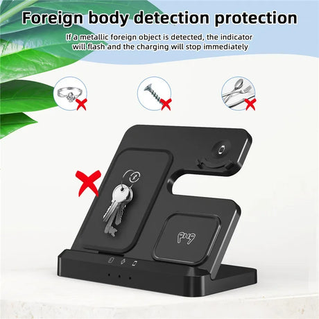 Wireless charging stand with foreign object detection capability.