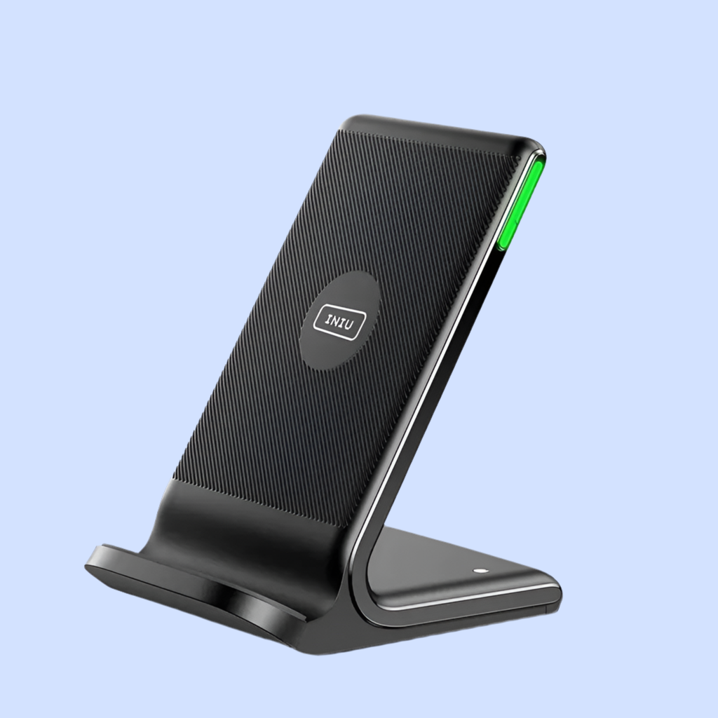 Wireless charging stand with a green edge accent.