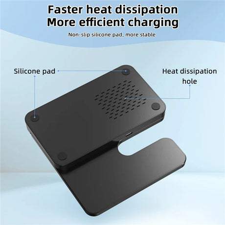 Wireless charging stand with heat dissipation features and non-slip silicone pad.