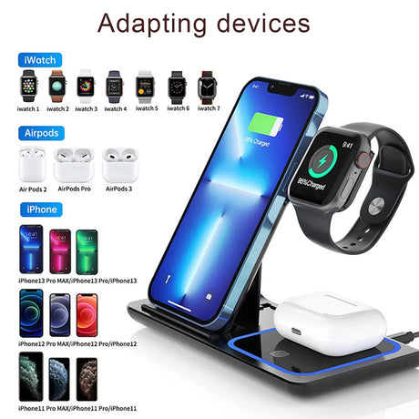 Wireless charging stand for iPhone, Apple Watch, and AirPods.