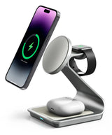 Wireless charging stand for iPhone, Apple Watch, and AirPods.