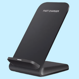 Wireless charging stand labeled ’Fast Charger’ in black.