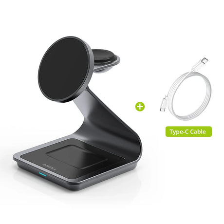 Wireless charging stand with a magnetic mount for a smartphone.