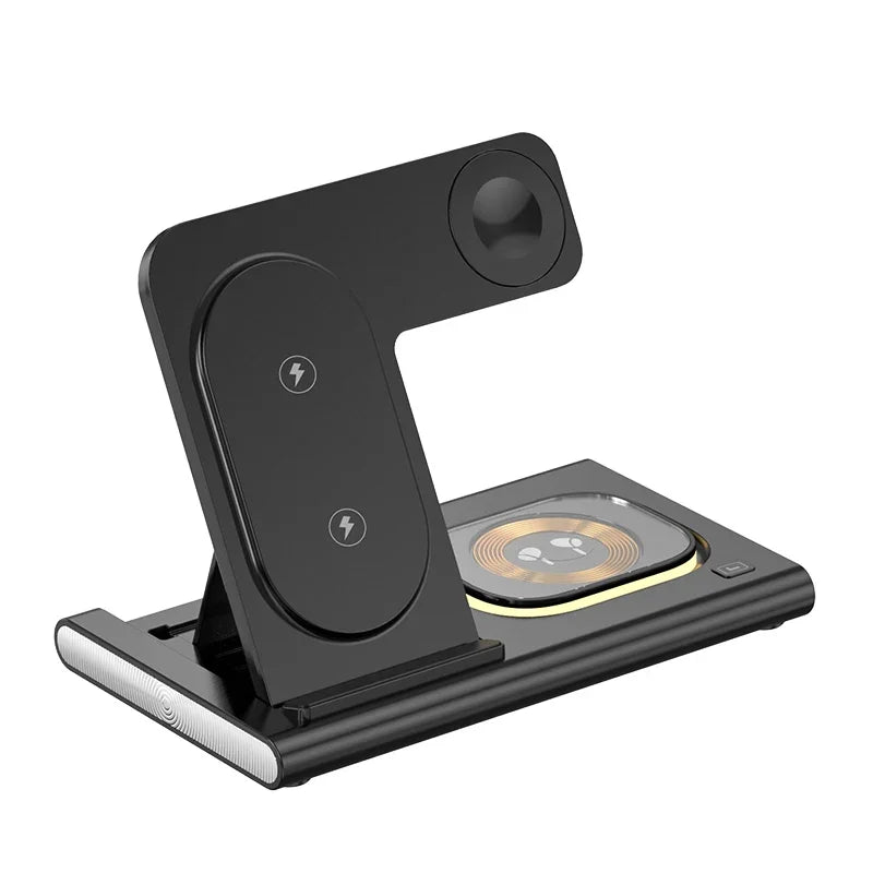 Wireless charging stand with multiple charging areas for different devices.