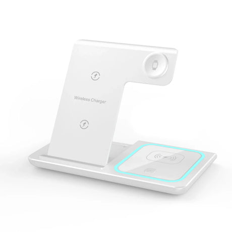 Wireless charging stand for multiple devices with a sleek white design.