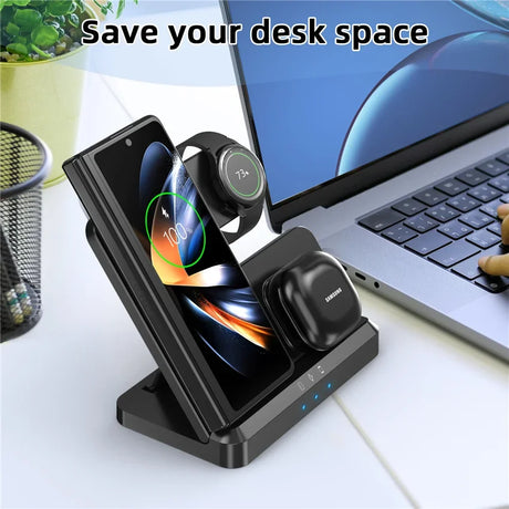 Wireless charging stand for multiple devices including a smartphone, smartwatch, and earbuds.