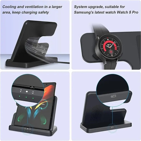 Wireless charging stand with multiple features for smartphones and smartwatches.