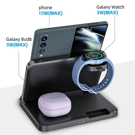 Wireless charging stand for Samsung Galaxy devices, including a phone, watch, and earbuds.