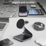 Wireless charging stand with a sleek, angled design and circular charging pad.