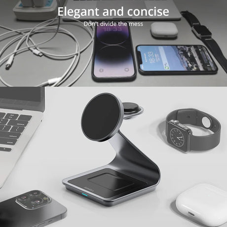 Wireless charging stand with a sleek, angled design and circular charging pad.