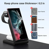 Wireless charging stand holding a smartphone with a dynamic splash screen display.