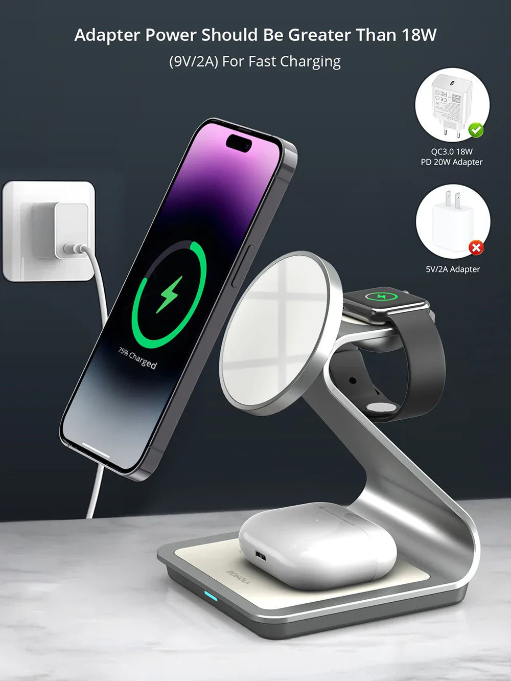 Wireless charging stand for smartphone and smartwatch with multiple charging surfaces.