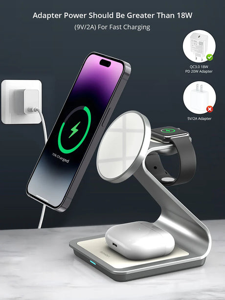 Wireless charging stand for smartphone and smartwatch with multiple charging surfaces.