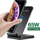 Wireless charging stand for smartphones with 65W fast charging capability.