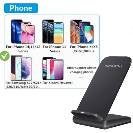 Wireless charging stand for smartphones.