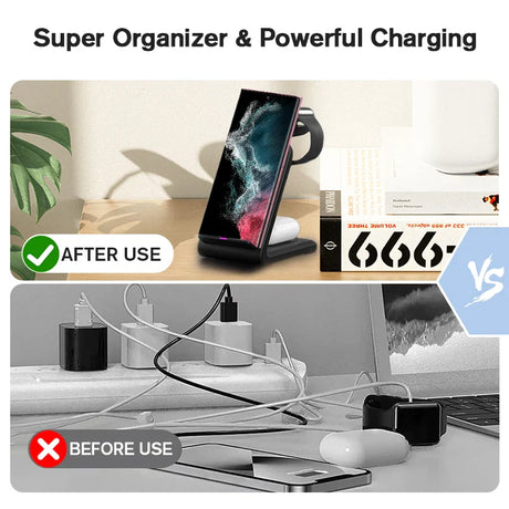 Wireless charging stand for smartphones with cable management capabilities.