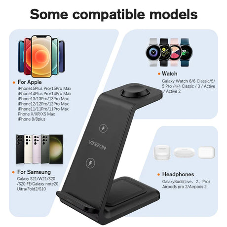 Wireless charging stand for smartphones and other compatible devices.