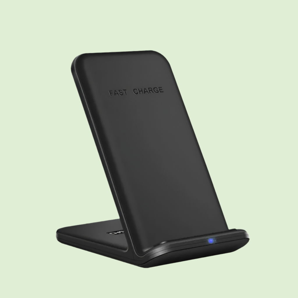 Wireless charging stand for smartphones with ’FAST CHARGE’ text visible.