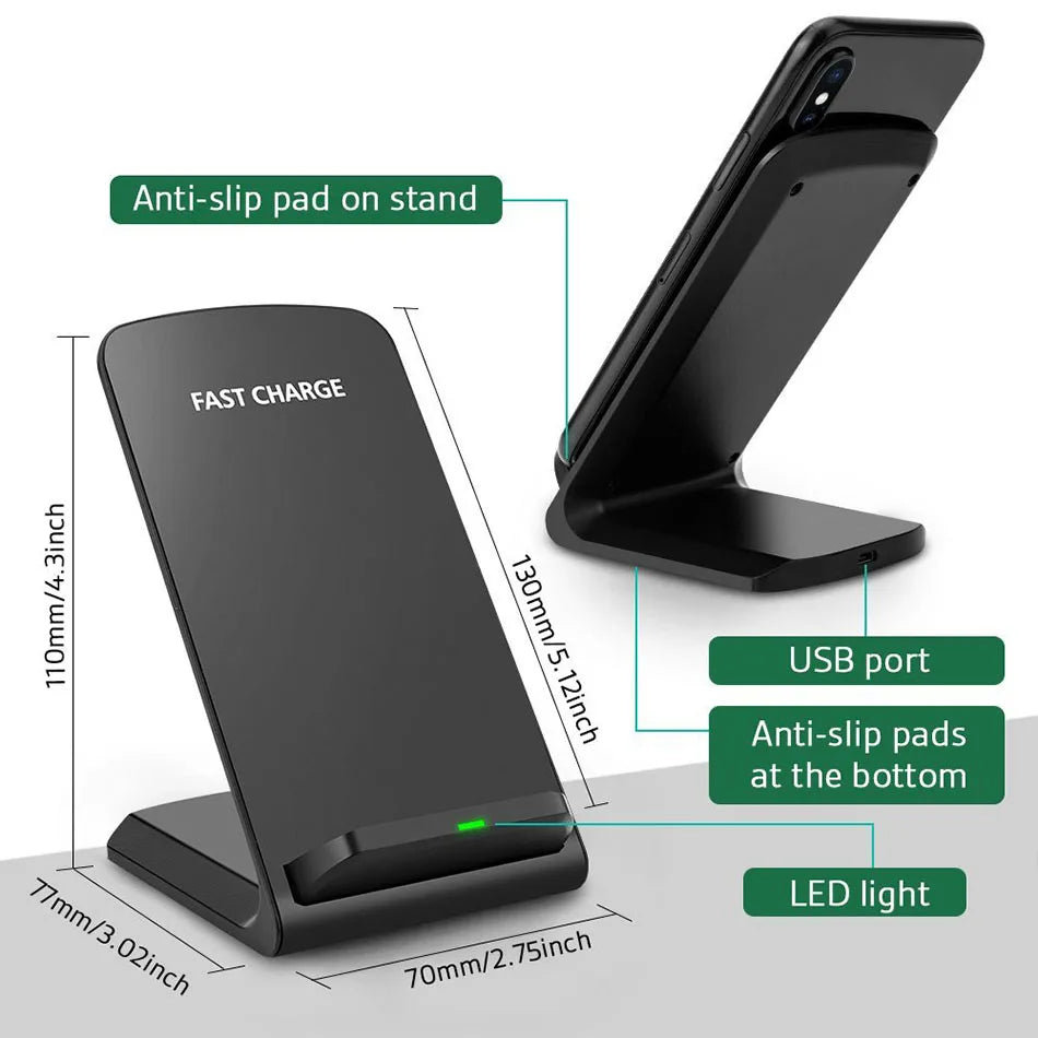 Wireless charging stand for smartphones with labeled features and dimensions.