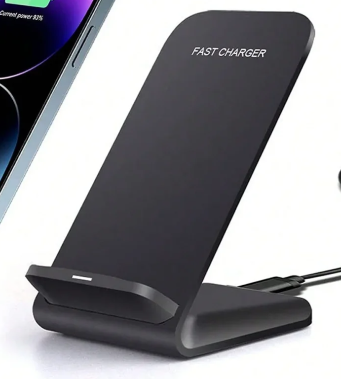 Wireless charging stand for smartphones labeled ’FAST CHARGER’.