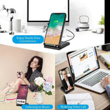 Wireless charging stand for smartphones with multiple usage scenarios depicted.